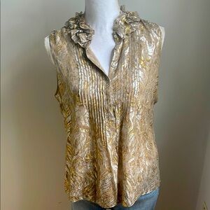 Elie Tahari Gold Pleated Ruffled Sleeveless Blouse NWT Medium silk